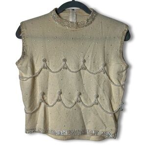 Women’s Vintage Beaded Sequin Sleeveless Sweater Cream Back Zip 60s Sz. S